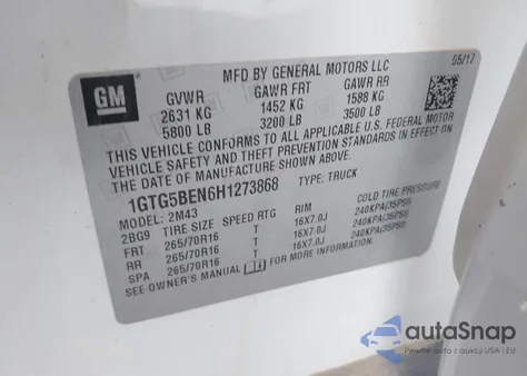 2017 GMC Canyon из США, поврежденный, VIN 1GTG5BEN6H1273868